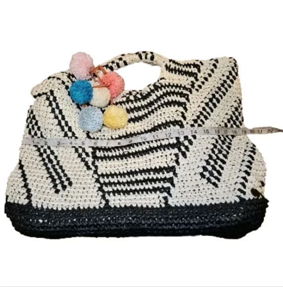 Billabong Talk to The Palm Black Striped Pompom Woven Tote Boho Beach Bag - Picture 13 of 13